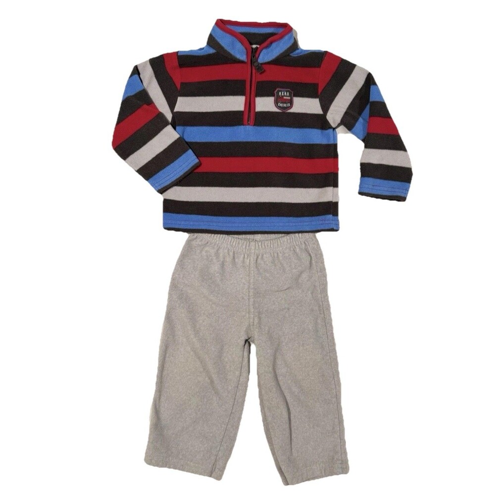 Y2K 90s Carters Baby Boy Fleece Fire Truck Outfit 12M Red Blue Striped 12-18M